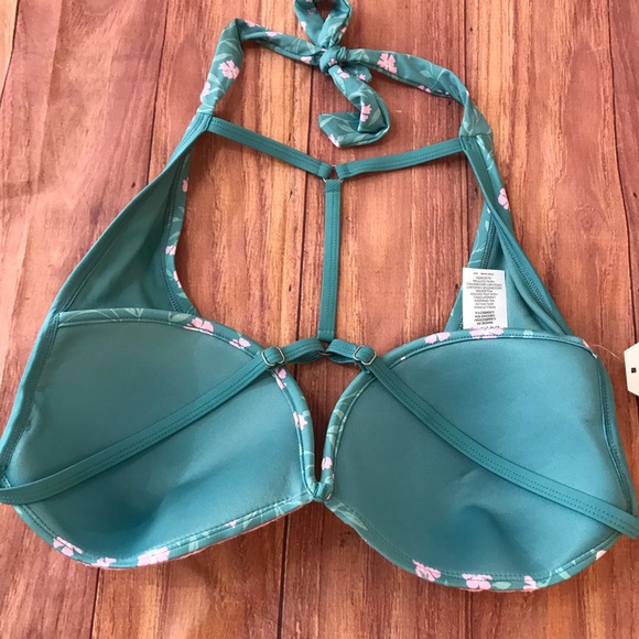 NWT Time & Tru Green w/Pink Flowers Bikini Top Lg - Picture 3 of 7
